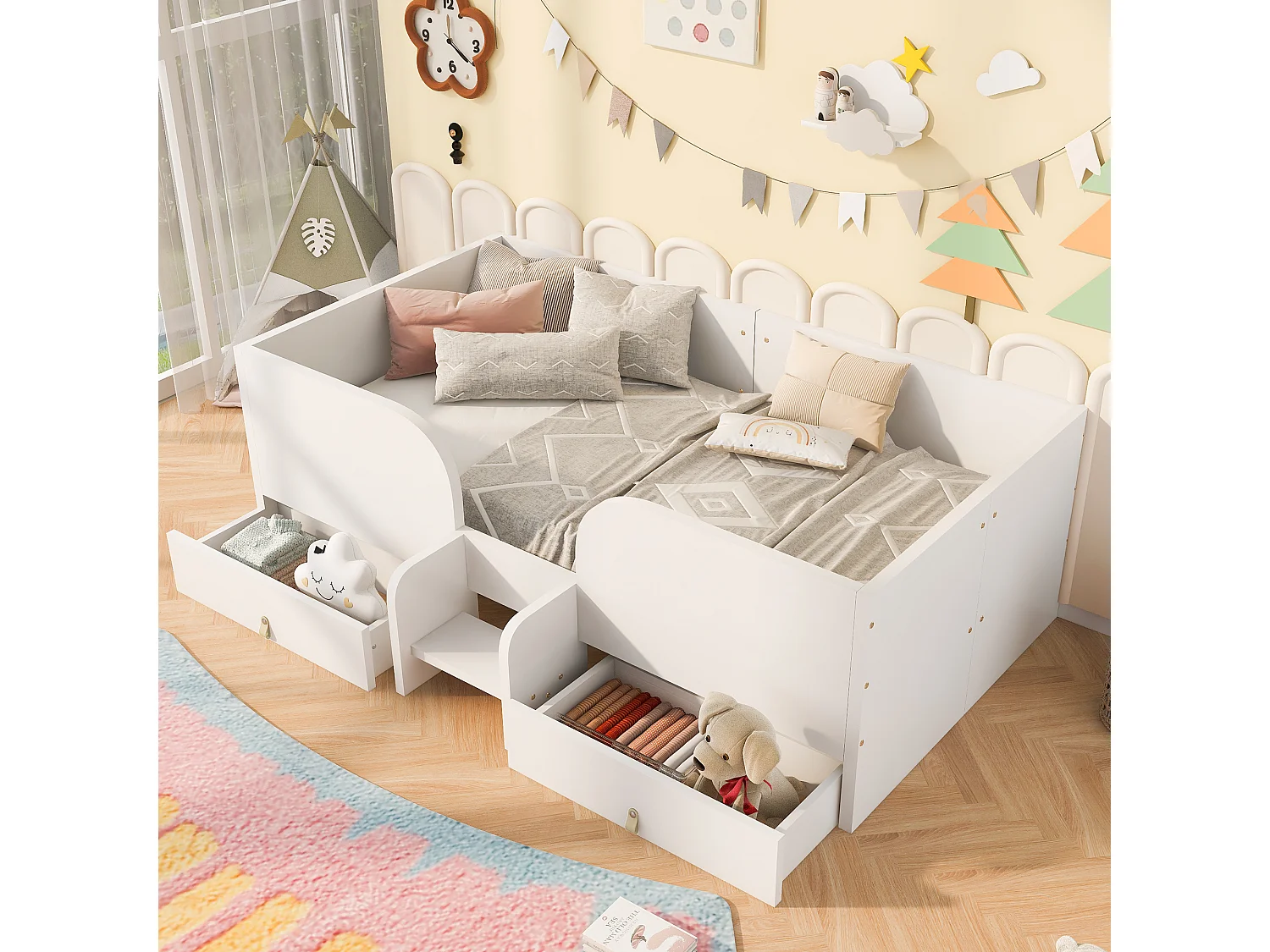 Lit en bois, 90 x 200 cm - avec 2 tiroirs - avec échelle de sécurité - blanc (matelas non inclus)