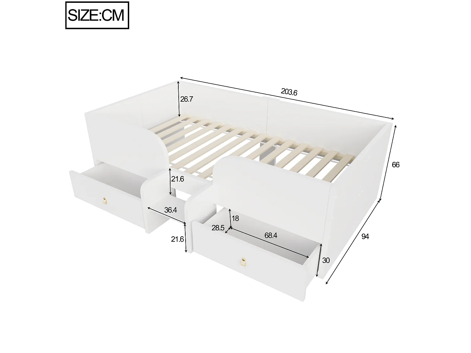 Lit en bois, 90 x 200 cm - avec 2 tiroirs - avec échelle de sécurité - blanc (matelas non inclus)