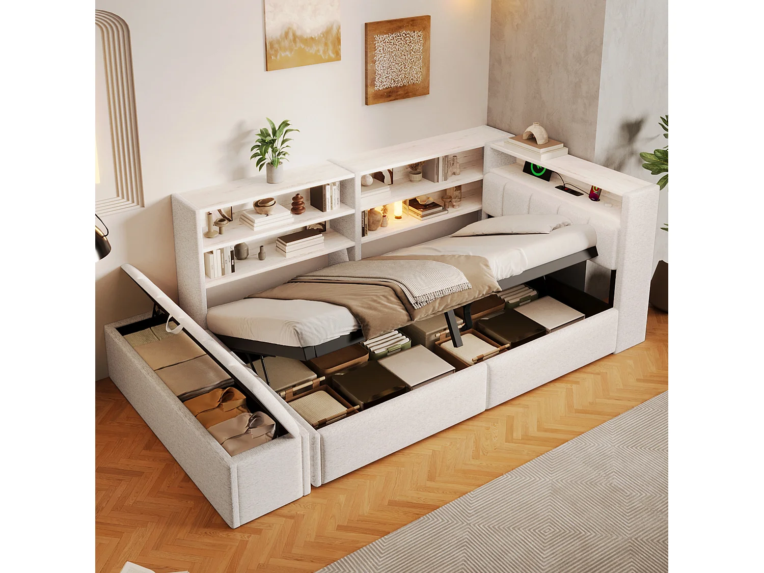 Sofá cama con baúl 90 x 200 cm - con enchufe eléctrico - con puerto USB - con luz LED - tejido de terciopelo - blanco (colchón no incluido)