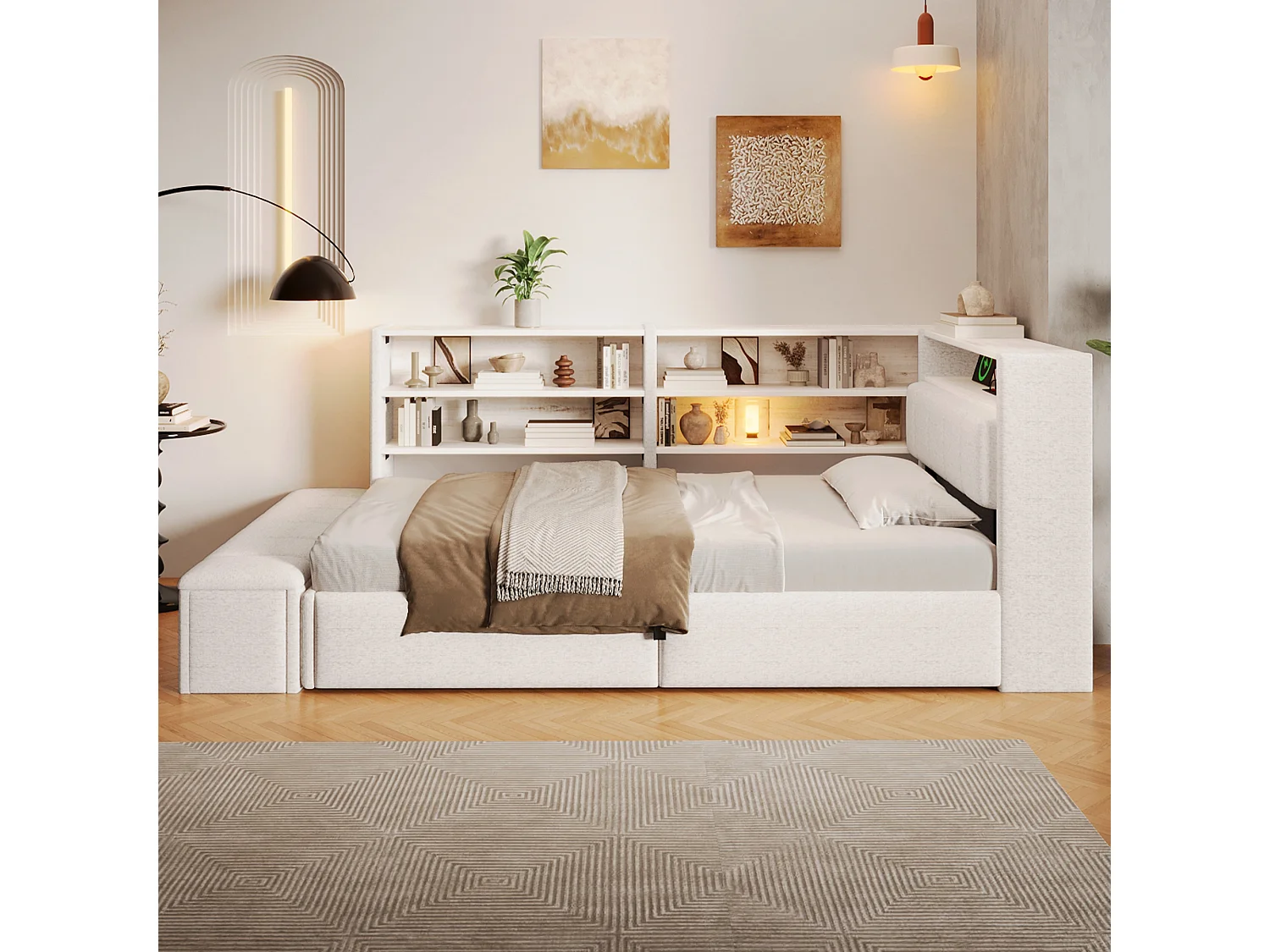 Sofá cama con baúl 90 x 200 cm - con enchufe eléctrico - con puerto USB - con luz LED - tejido de terciopelo - blanco (colchón no incluido)