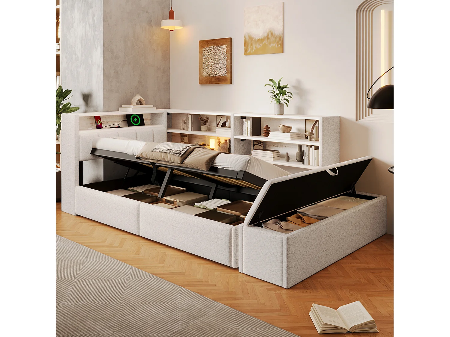 Sofá cama con baúl 90 x 200 cm - con enchufe eléctrico - con puerto USB - con luz LED - tejido de terciopelo - blanco (colchón no incluido)