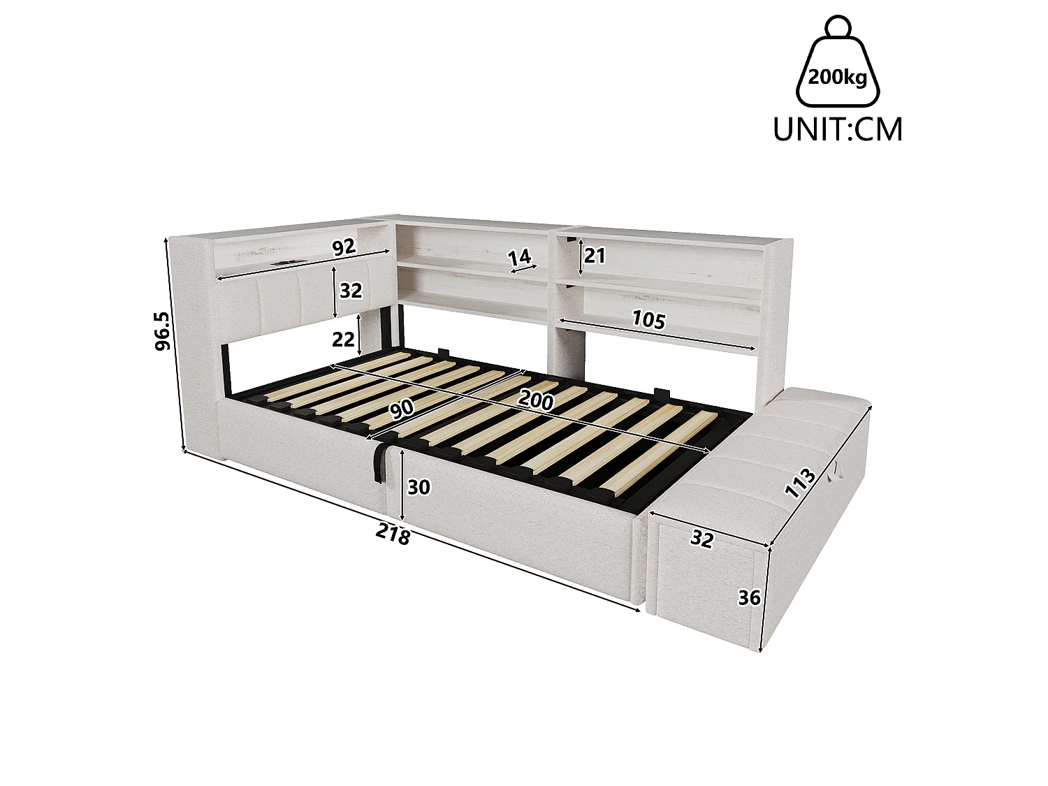 Sofá cama con baúl 90 x 200 cm - con enchufe eléctrico - con puerto USB - con luz LED - tejido de terciopelo - blanco (colchón no incluido)