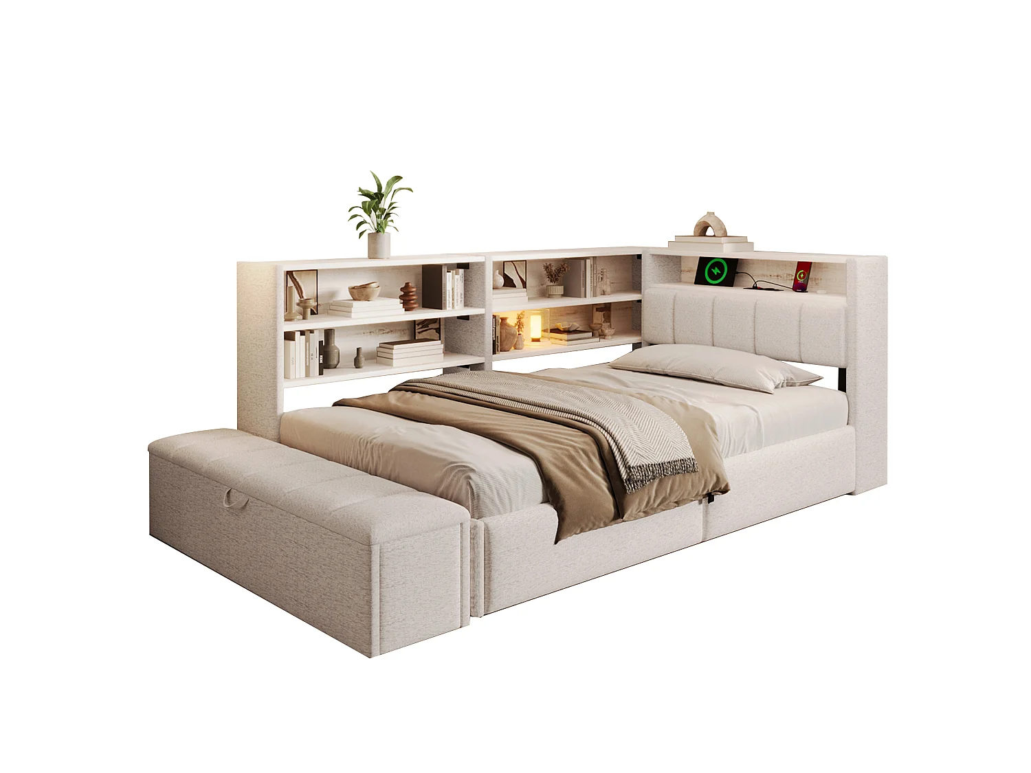 Sofá cama con baúl 90 x 200 cm - con enchufe eléctrico - con puerto USB - con luz LED - tejido de terciopelo - blanco (colchón no incluido)