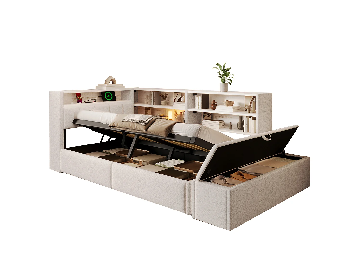 Sofá cama con baúl 90 x 200 cm - con enchufe eléctrico - con puerto USB - con luz LED - tejido de terciopelo - blanco (colchón no incluido)