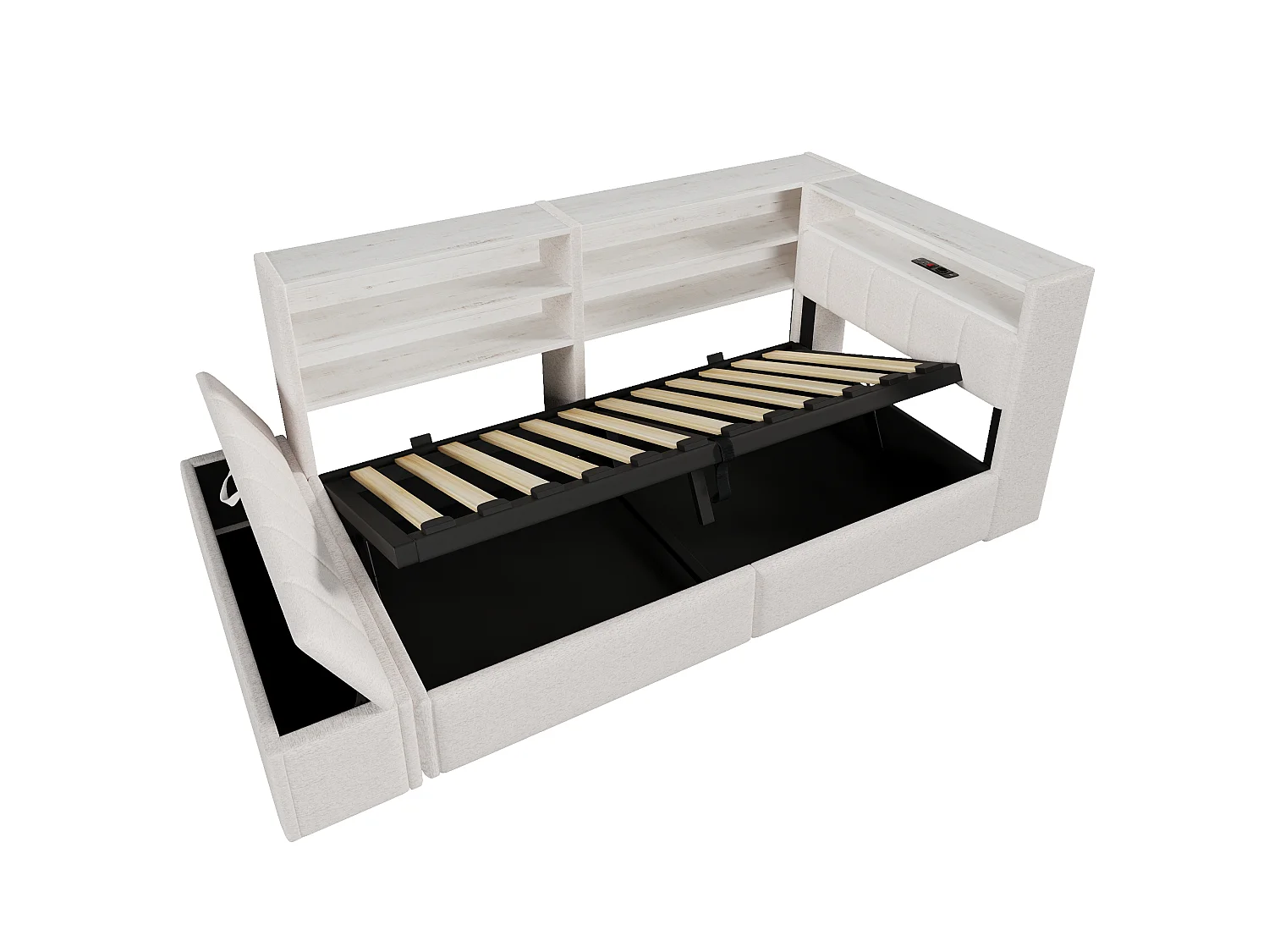 Sofá cama con baúl 90 x 200 cm - con enchufe eléctrico - con puerto USB - con luz LED - tejido de terciopelo - blanco (colchón no incluido)
