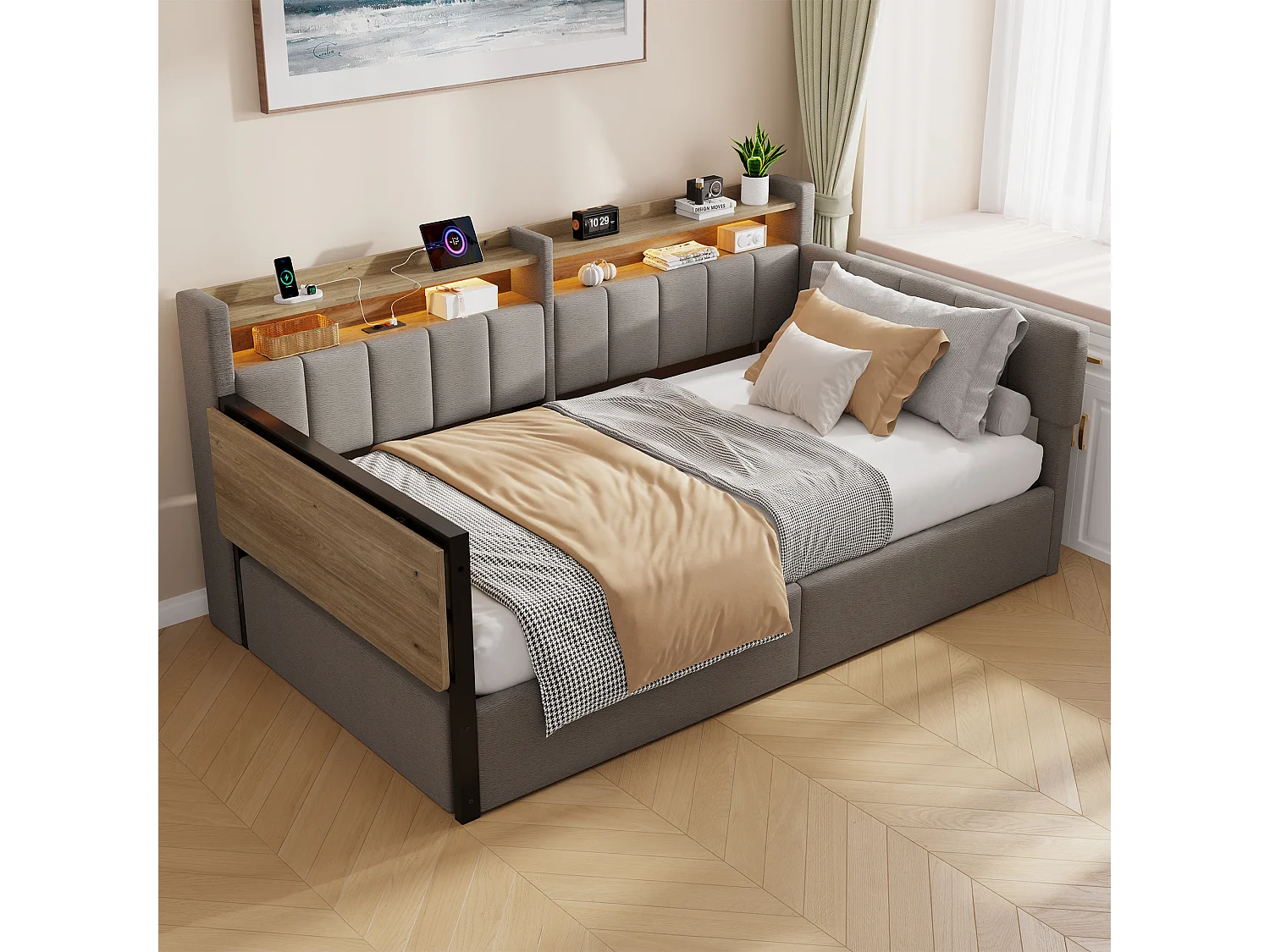 Canapébed met opbergruimte 90 x 200 cm - met LED-lichtstrip - met inklapbare tafel - USB-poort - fluweelstof - grijs (matras niet inbegrepen)