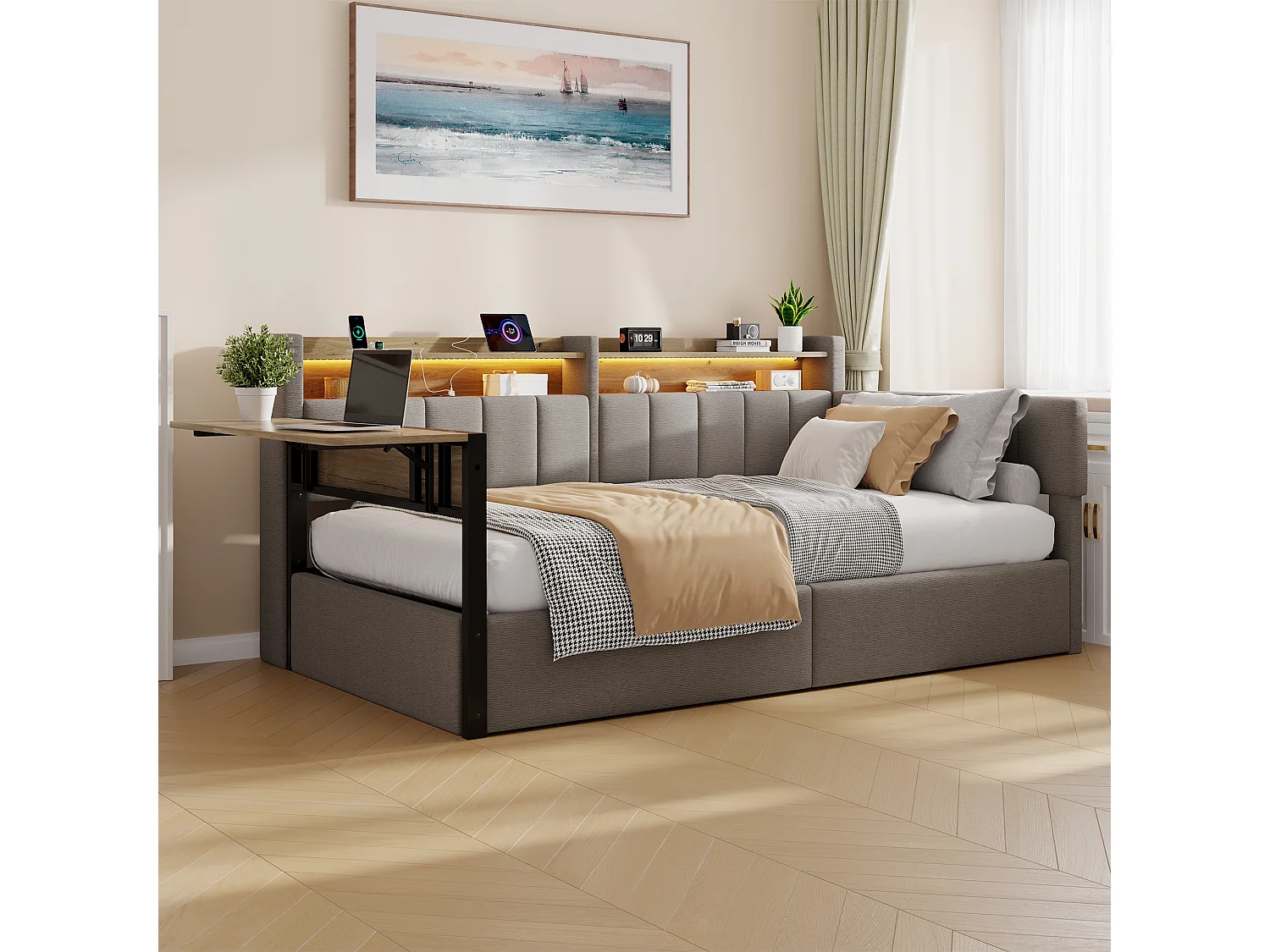 Canapébed met opbergruimte 90 x 200 cm - met LED-lichtstrip - met inklapbare tafel - USB-poort - fluweelstof - grijs (matras niet inbegrepen)