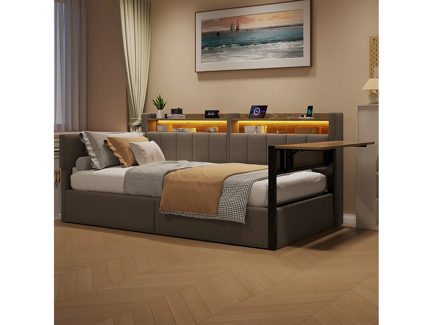 Canapébed met opbergruimte 90 x 200 cm - met LED-lichtstrip - met inklapbare tafel - USB-poort - fluweelstof - grijs (matras niet inbegrepen)