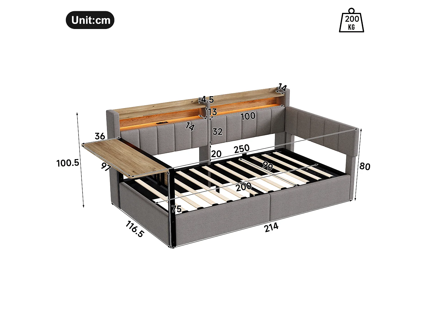 Canapébed met opbergruimte 90 x 200 cm - met LED-lichtstrip - met inklapbare tafel - USB-poort - fluweelstof - grijs (matras niet inbegrepen)