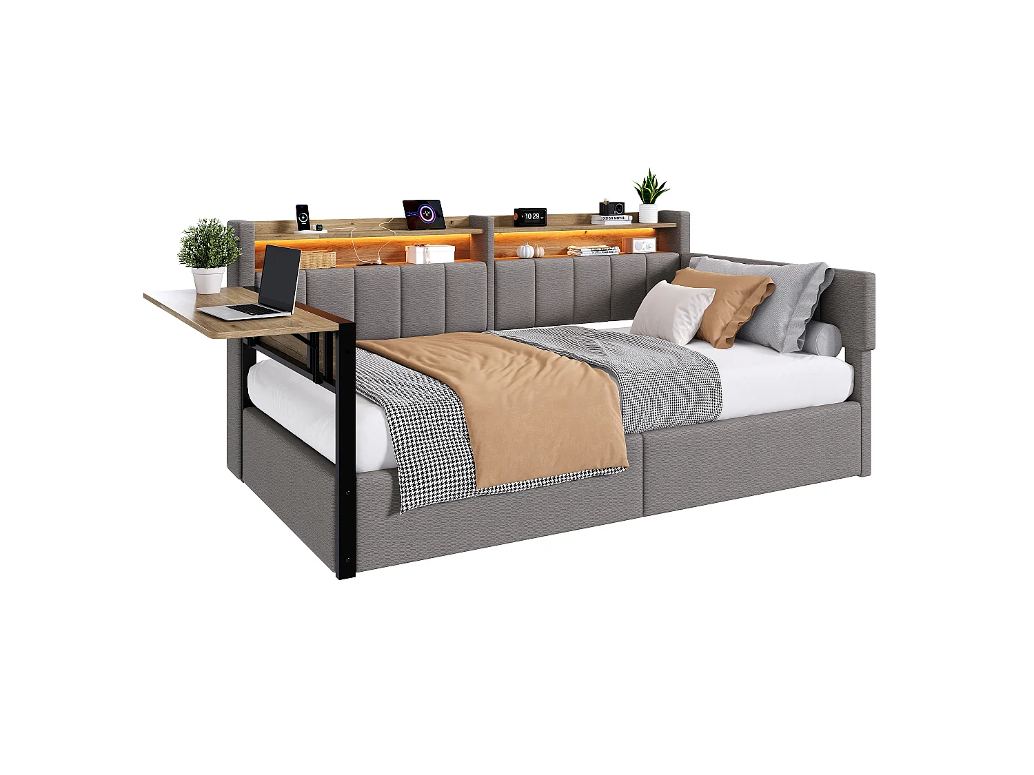 Canapébed met opbergruimte 90 x 200 cm - met LED-lichtstrip - met inklapbare tafel - USB-poort - fluweelstof - grijs (matras niet inbegrepen)
