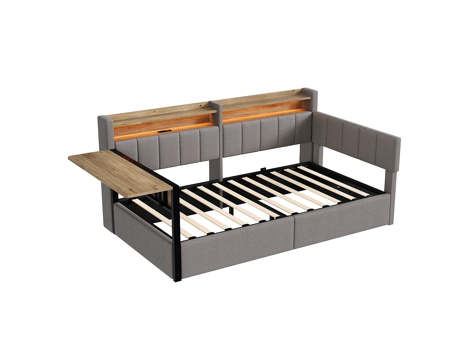 Canapébed met opbergruimte 90 x 200 cm - met LED-lichtstrip - met inklapbare tafel - USB-poort - fluweelstof - grijs (matras niet inbegrepen)