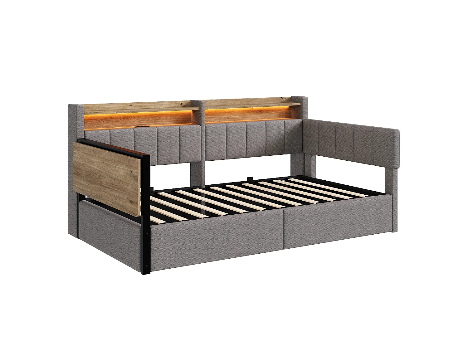 Canapébed met opbergruimte 90 x 200 cm - met LED-lichtstrip - met inklapbare tafel - USB-poort - fluweelstof - grijs (matras niet inbegrepen)