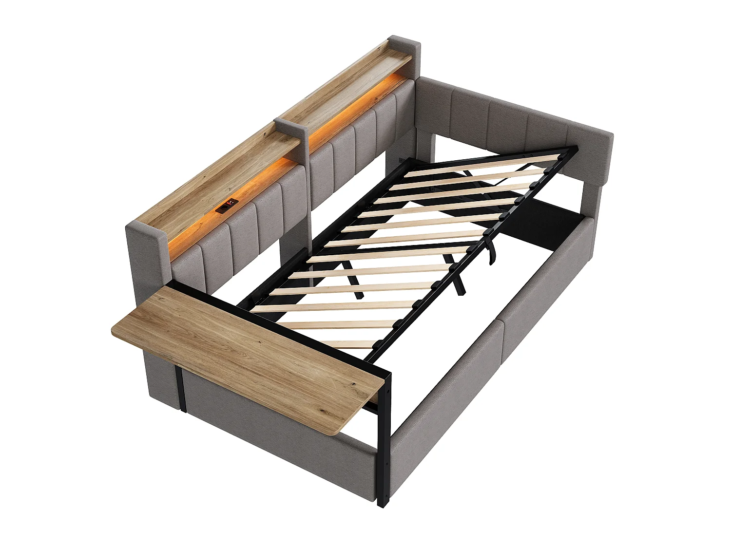 Canapébed met opbergruimte 90 x 200 cm - met LED-lichtstrip - met inklapbare tafel - USB-poort - fluweelstof - grijs (matras niet inbegrepen)