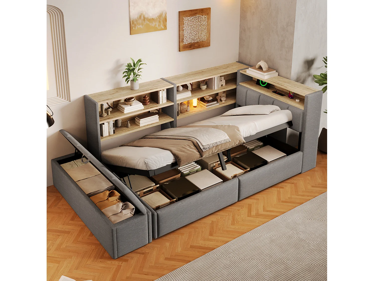 Slaapbank met opbergruimte 90 x 200 cm - met elektrisch stopcontact - met USB-poort - met LED-verlichting - fluweelstof - grijs (matras niet inbegrepen)