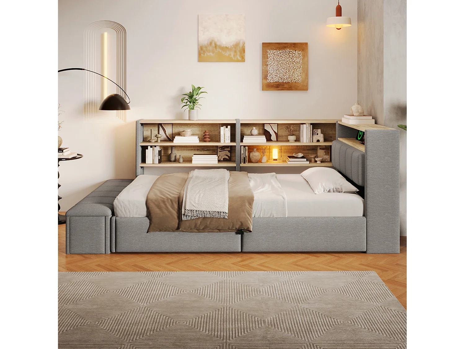 Slaapbank met opbergruimte 90 x 200 cm - met elektrisch stopcontact - met USB-poort - met LED-verlichting - fluweelstof - grijs (matras niet inbegrepen)