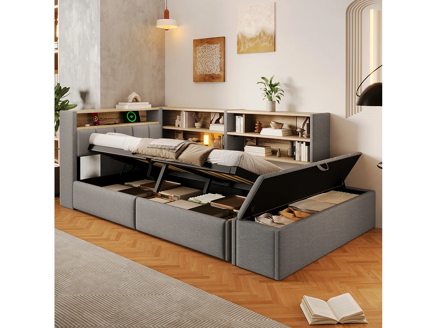 Slaapbank met opbergruimte 90 x 200 cm - met elektrisch stopcontact - met USB-poort - met LED-verlichting - fluweelstof - grijs (matras niet inbegrepen)