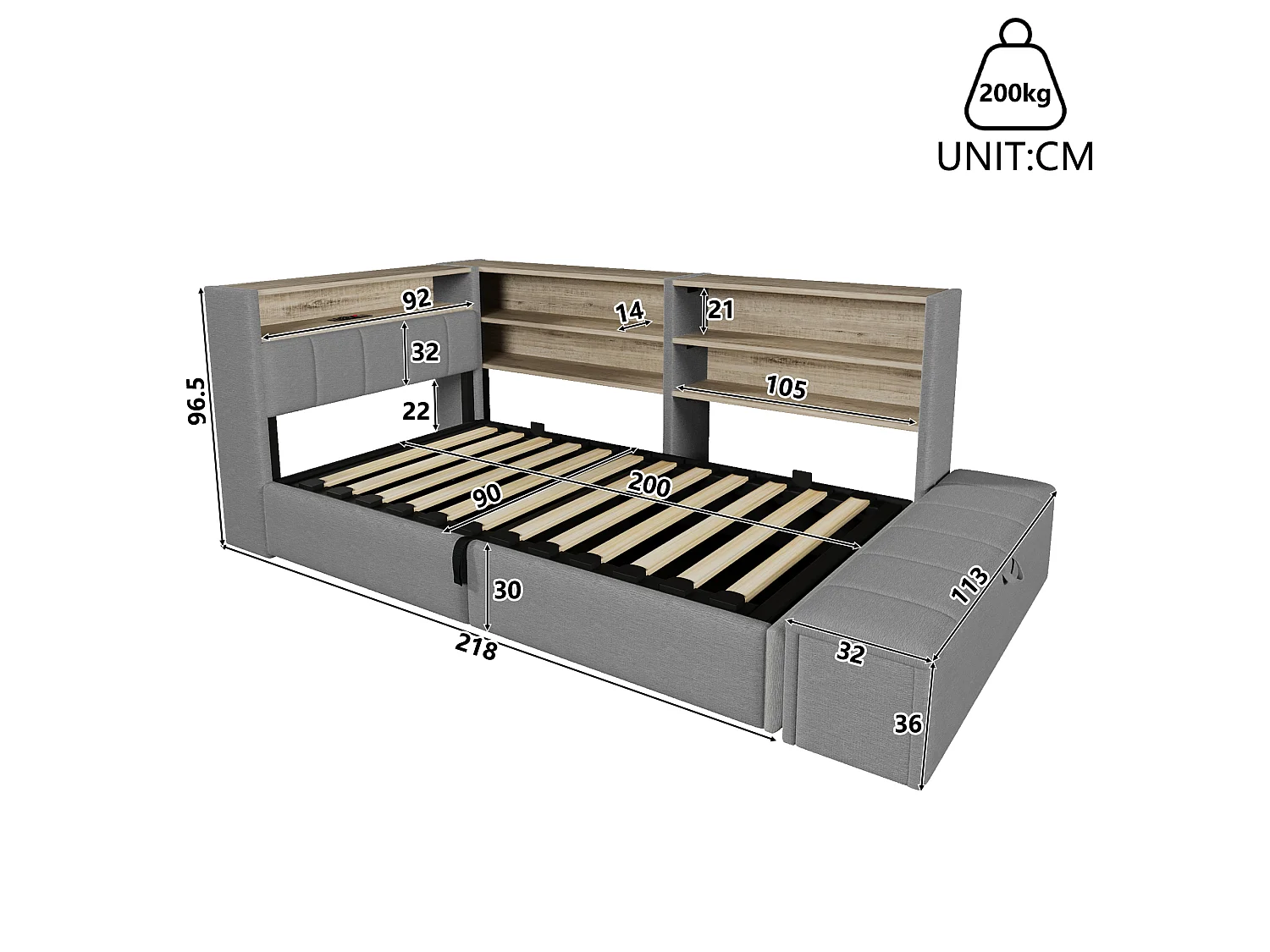 Slaapbank met opbergruimte 90 x 200 cm - met elektrisch stopcontact - met USB-poort - met LED-verlichting - fluweelstof - grijs (matras niet inbegrepen)