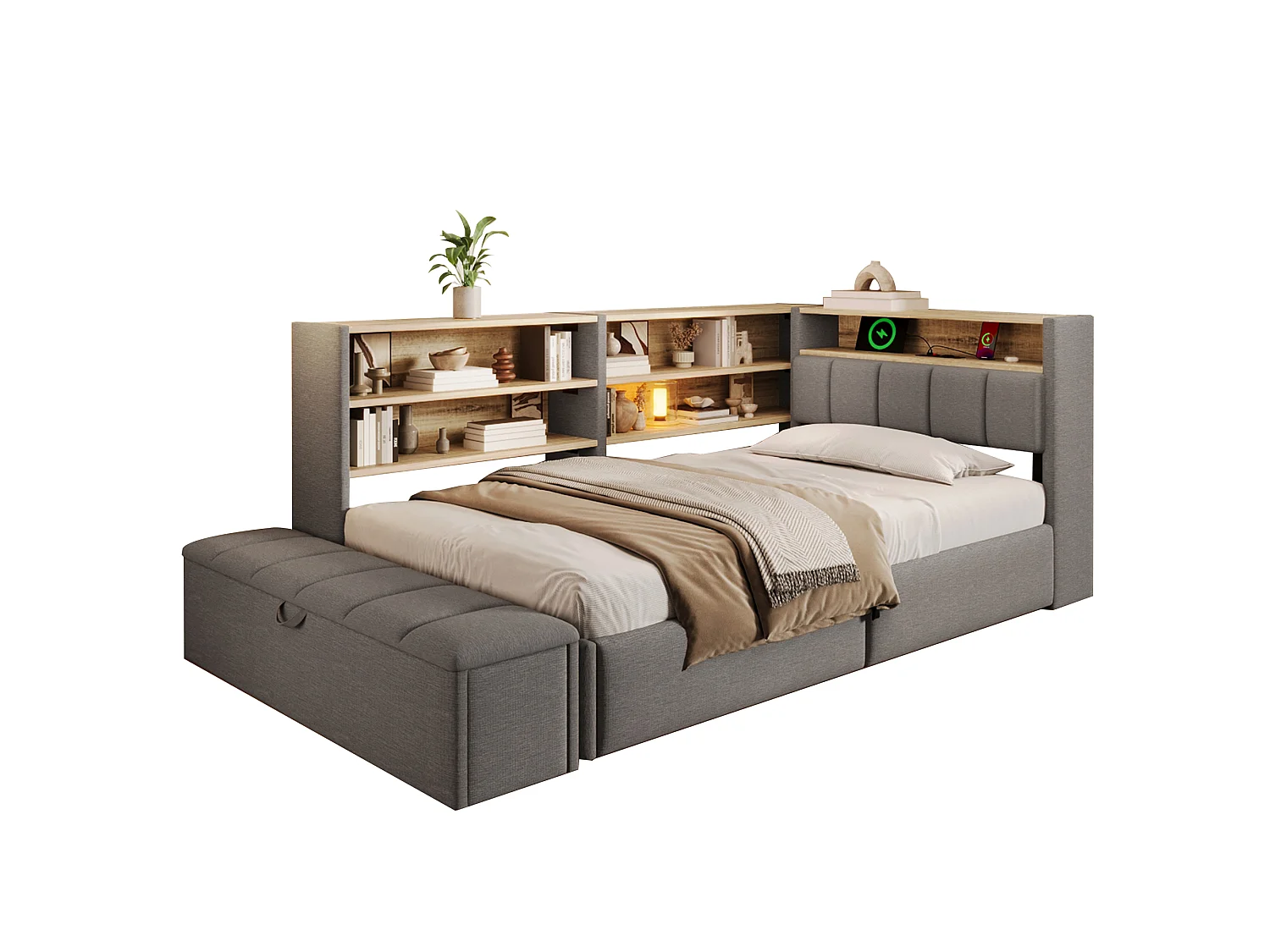 Slaapbank met opbergruimte 90 x 200 cm - met elektrisch stopcontact - met USB-poort - met LED-verlichting - fluweelstof - grijs (matras niet inbegrepen)