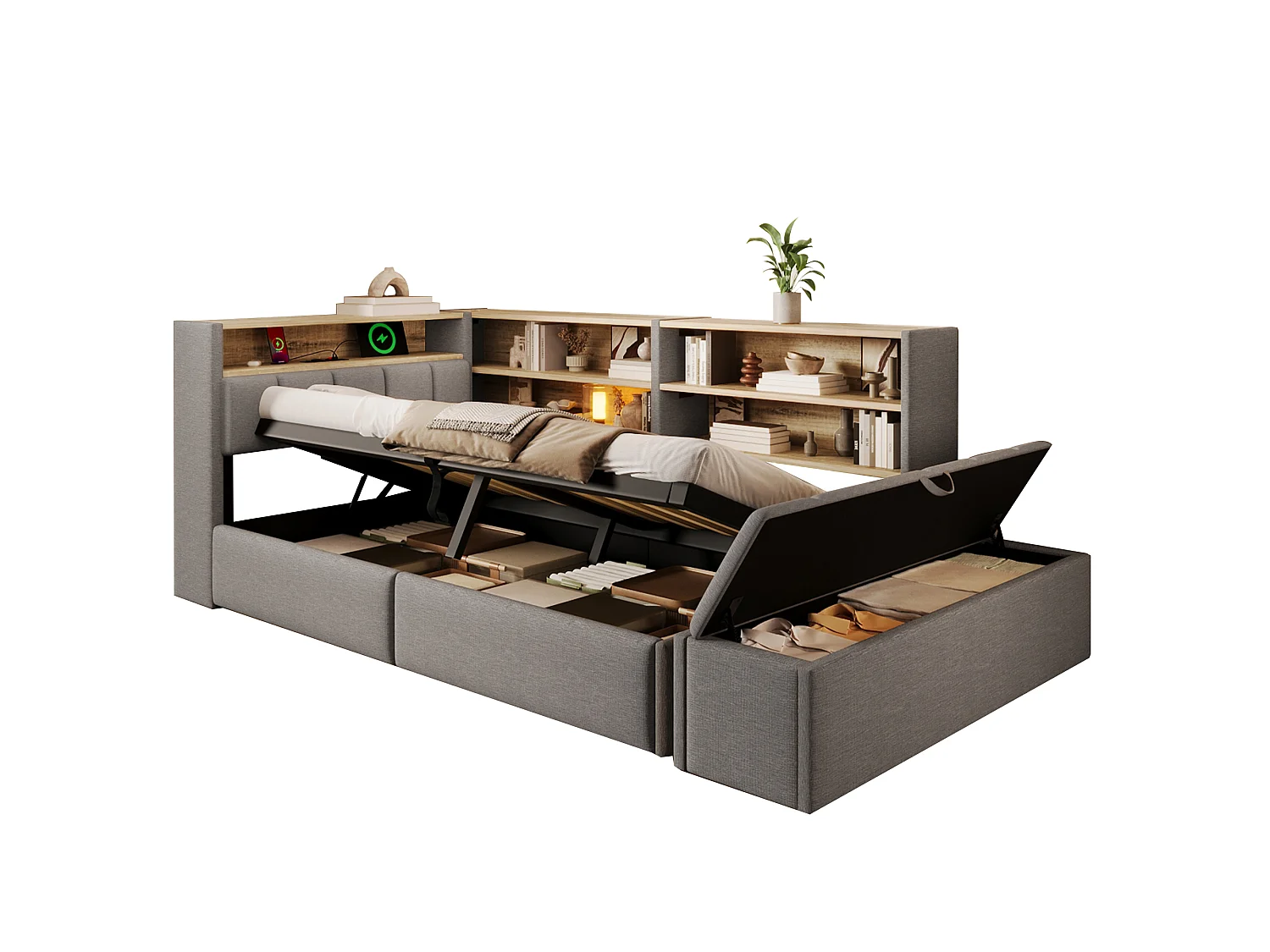 Slaapbank met opbergruimte 90 x 200 cm - met elektrisch stopcontact - met USB-poort - met LED-verlichting - fluweelstof - grijs (matras niet inbegrepen)