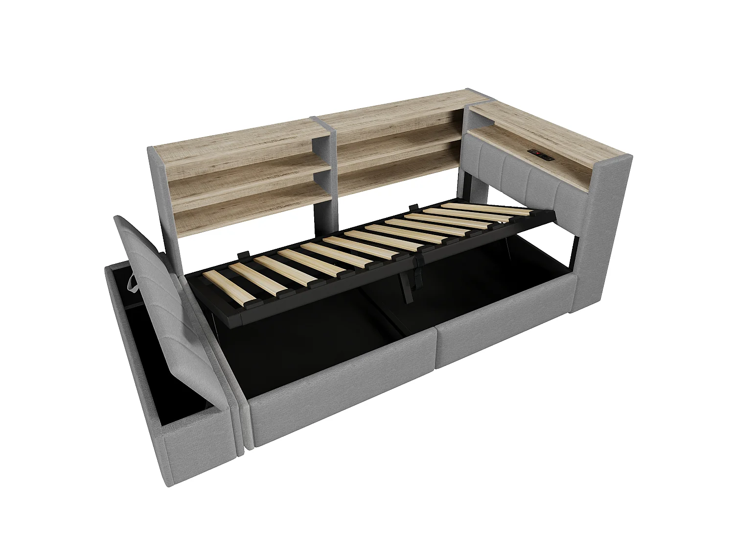 Slaapbank met opbergruimte 90 x 200 cm - met elektrisch stopcontact - met USB-poort - met LED-verlichting - fluweelstof - grijs (matras niet inbegrepen)