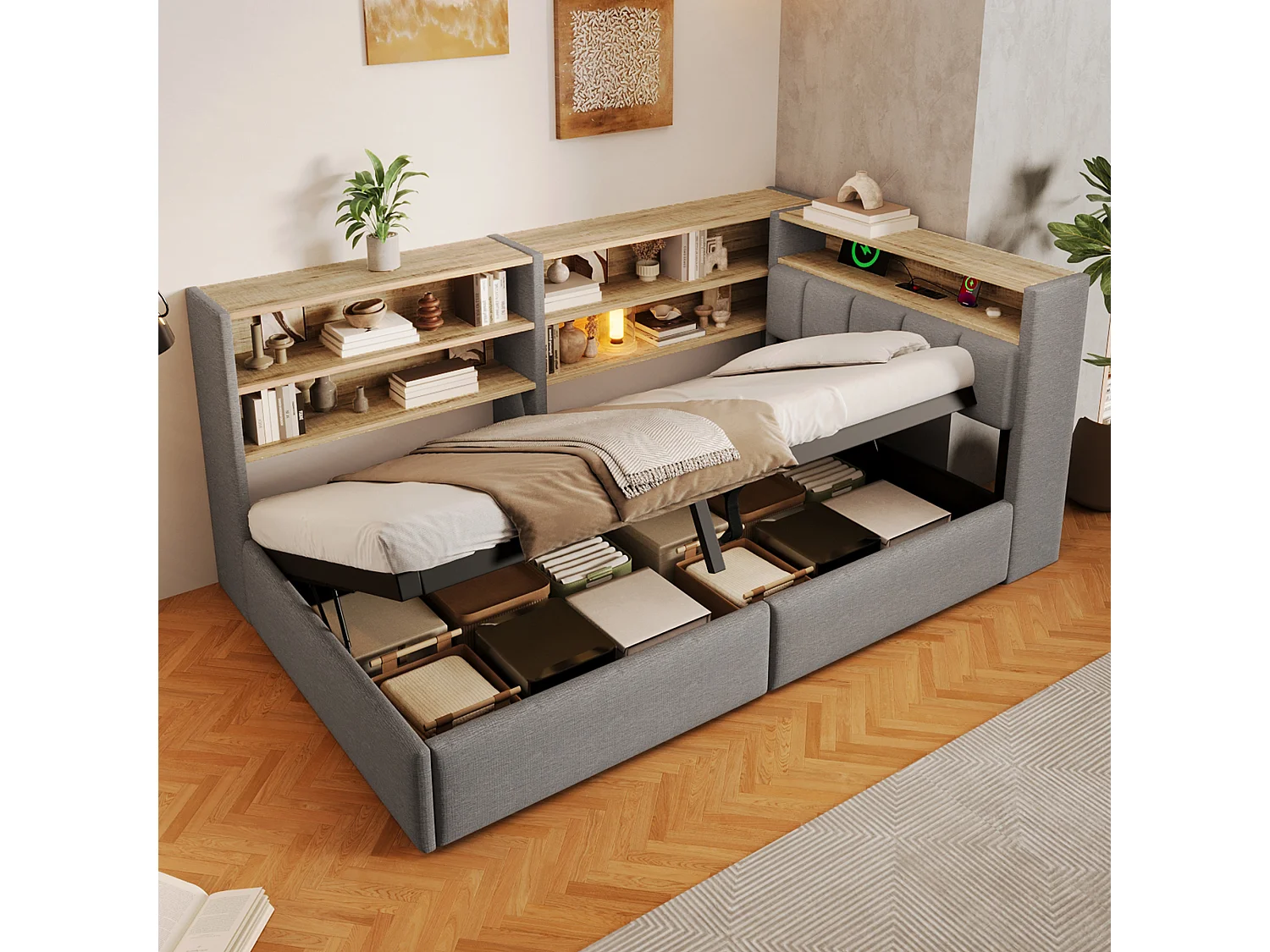Sofá cama con baúl 90 x 200 cm - con enchufe eléctrico - con puerto USB + banda de luz LED - tejido de terciopelo - gris (colchón no incluido)