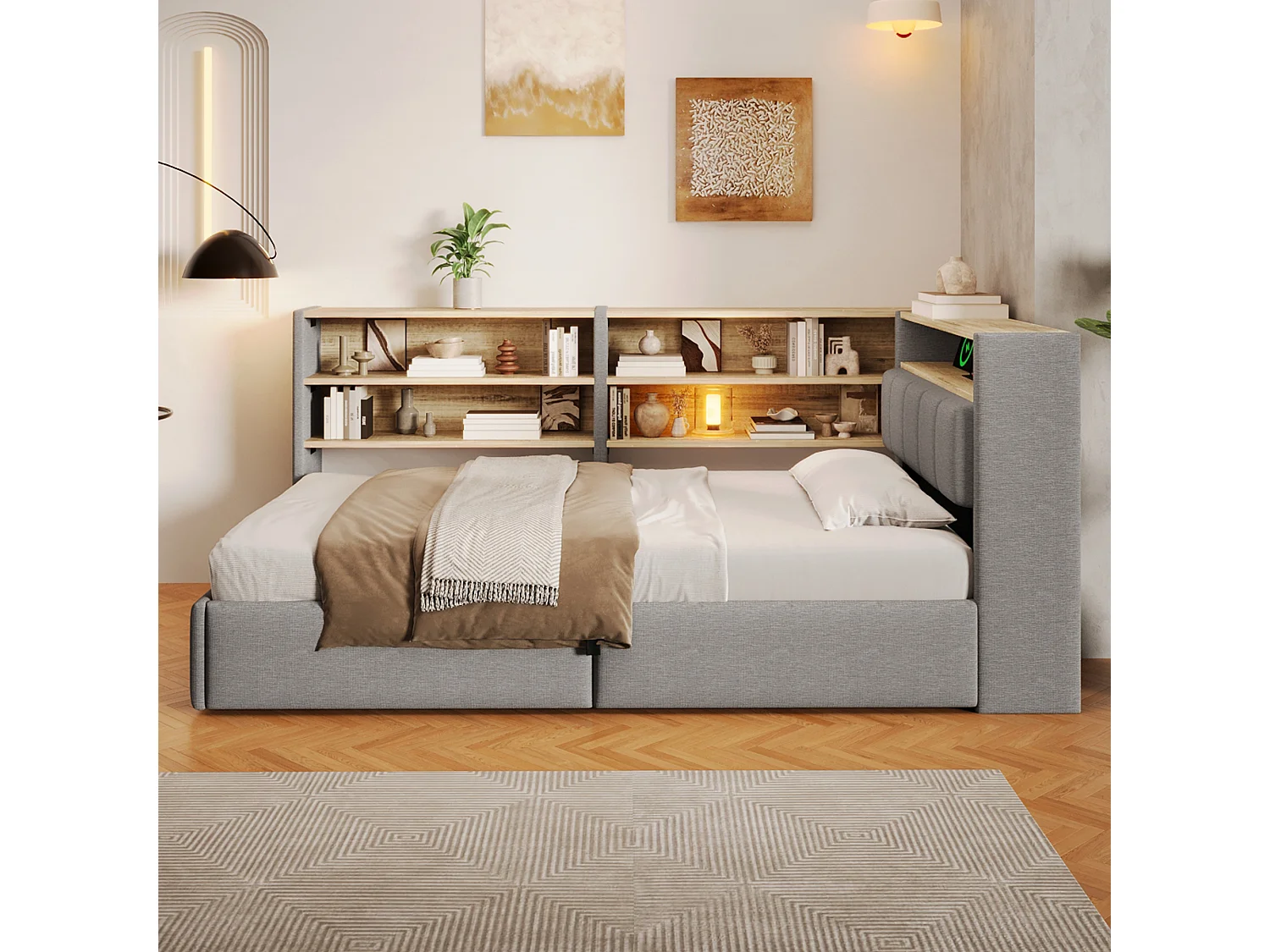 Sofá cama con baúl 90 x 200 cm - con enchufe eléctrico - con puerto USB + banda de luz LED - tejido de terciopelo - gris (colchón no incluido)