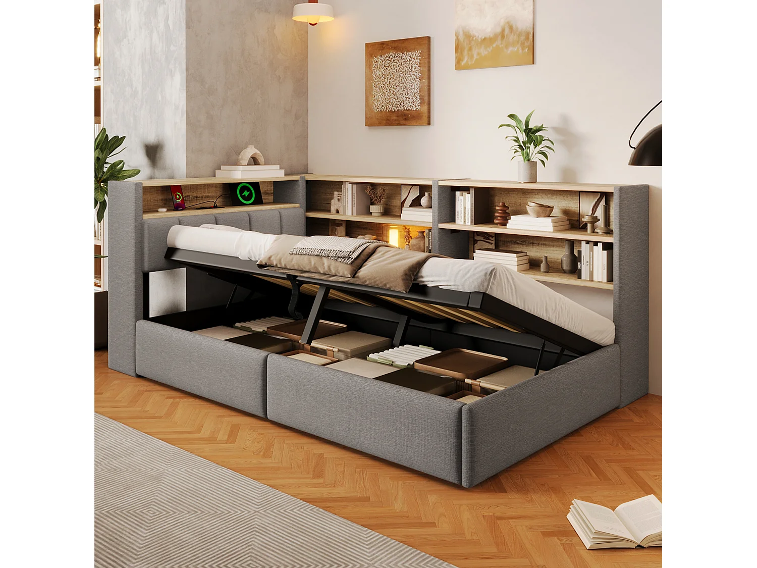 Sofá cama con baúl 90 x 200 cm - con enchufe eléctrico - con puerto USB + banda de luz LED - tejido de terciopelo - gris (colchón no incluido)