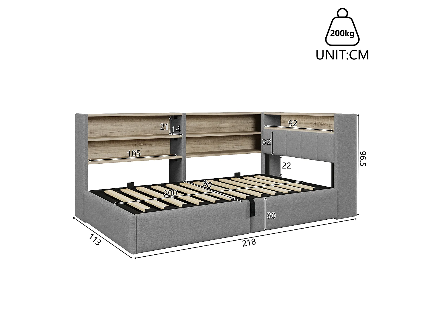 Sofá cama con baúl 90 x 200 cm - con enchufe eléctrico - con puerto USB + banda de luz LED - tejido de terciopelo - gris (colchón no incluido)