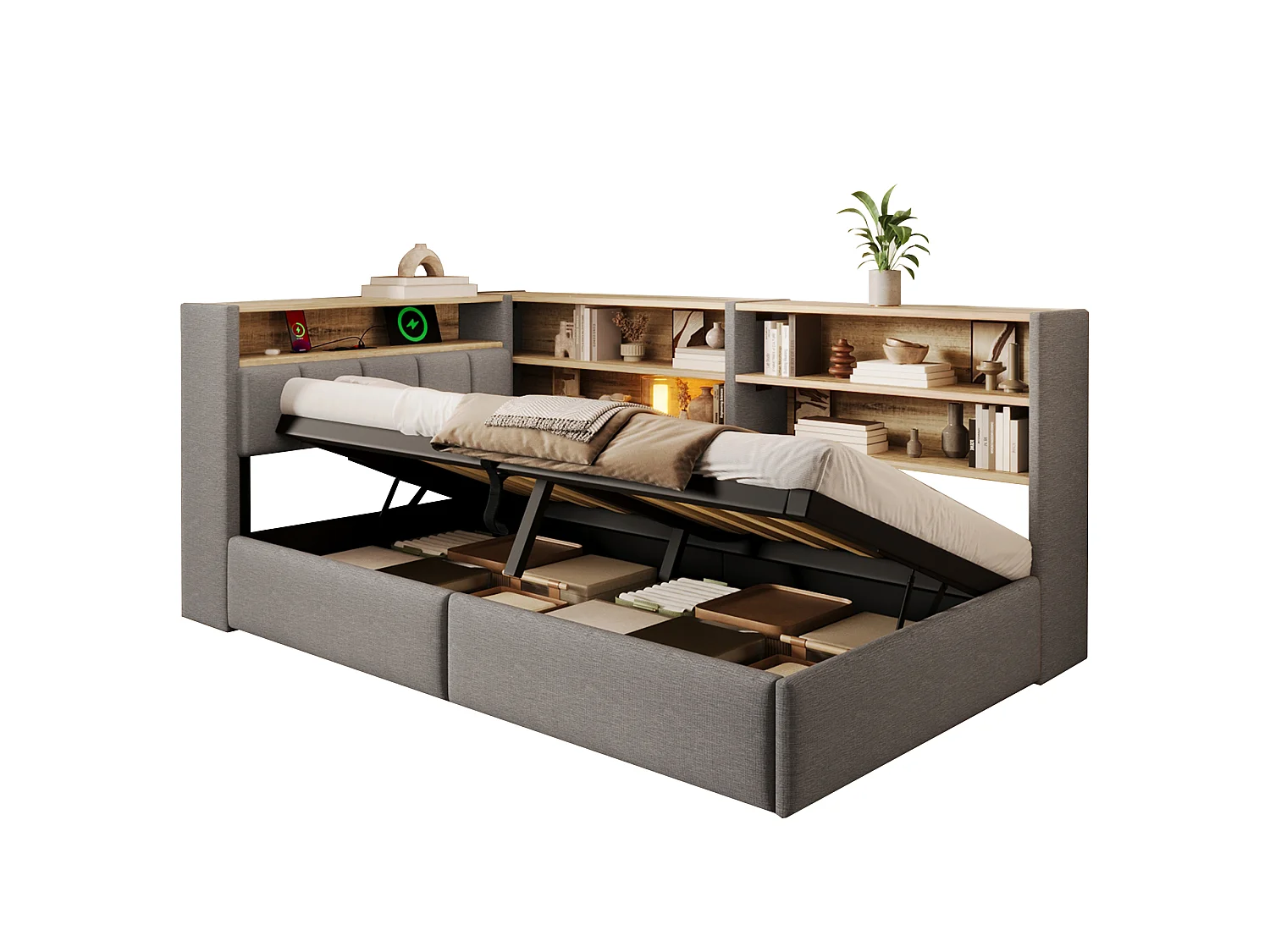Sofá cama con baúl 90 x 200 cm - con enchufe eléctrico - con puerto USB + banda de luz LED - tejido de terciopelo - gris (colchón no incluido)