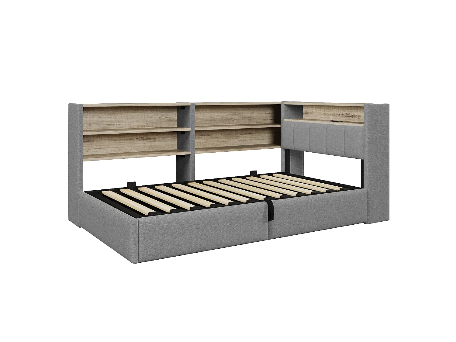 Sofá cama con baúl 90 x 200 cm - con enchufe eléctrico - con puerto USB + banda de luz LED - tejido de terciopelo - gris (colchón no incluido)