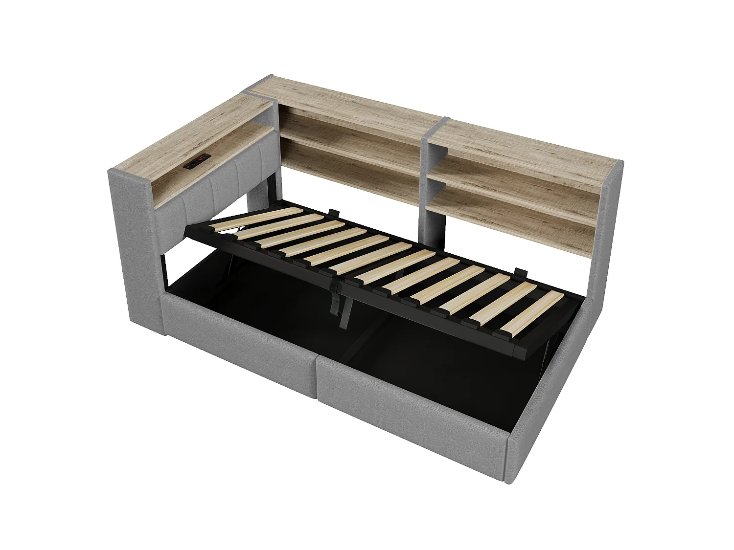 Sofá cama con baúl 90 x 200 cm - con enchufe eléctrico - con puerto USB + banda de luz LED - tejido de terciopelo - gris (colchón no incluido)
