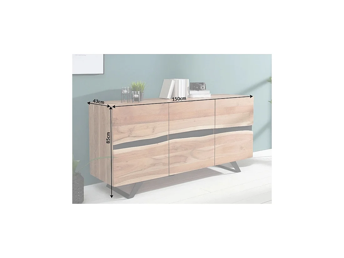 Buffet ORKAN 150 cm in massief gelakt acaciahout - 3 deuren en 6 vakken