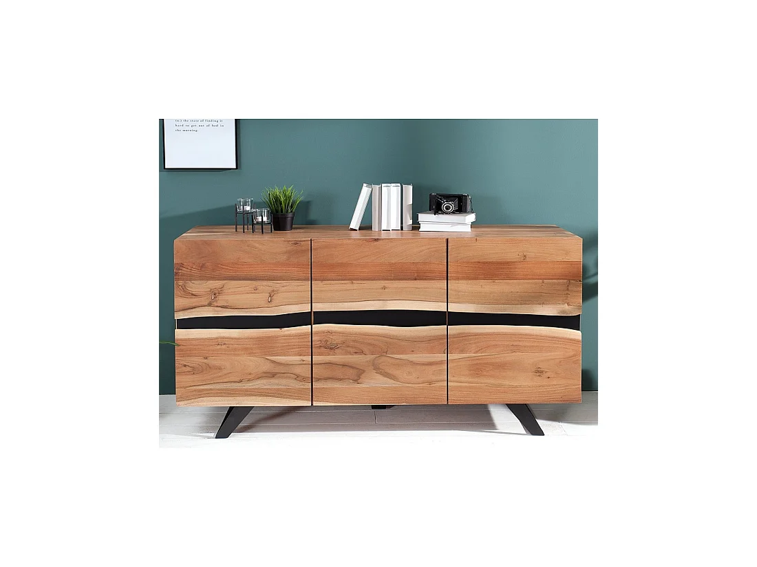 Buffet ORKAN 150 cm in massief gelakt acaciahout - 3 deuren en 6 vakken