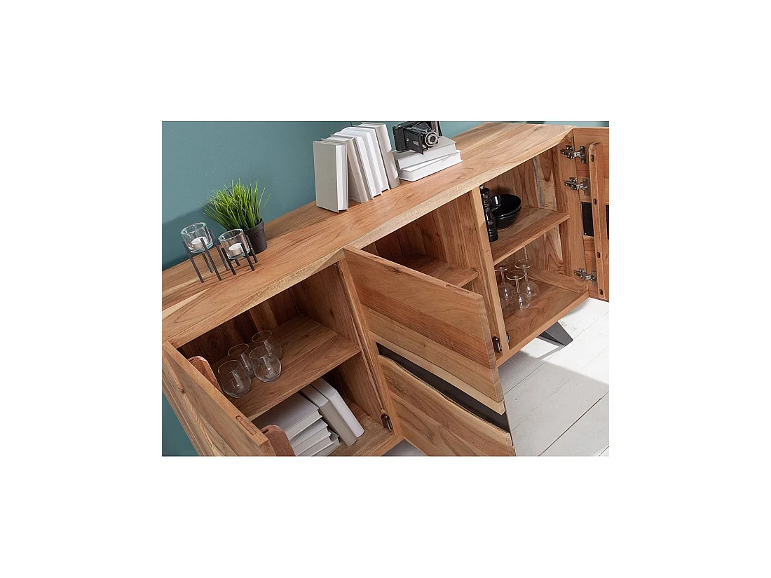 Buffet ORKAN 150 cm in massief gelakt acaciahout - 3 deuren en 6 vakken