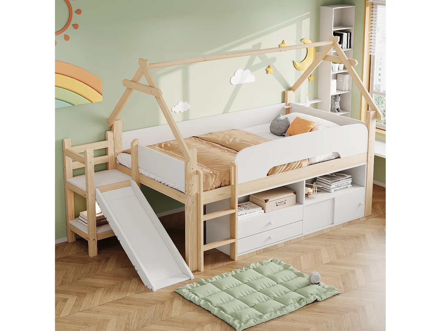 Lit enfant 90 x 200 - avec toboggan de sécurité - avec 2 tiroirs - avec barrières de sécurité - blanc+naturel (matelas non inclus)