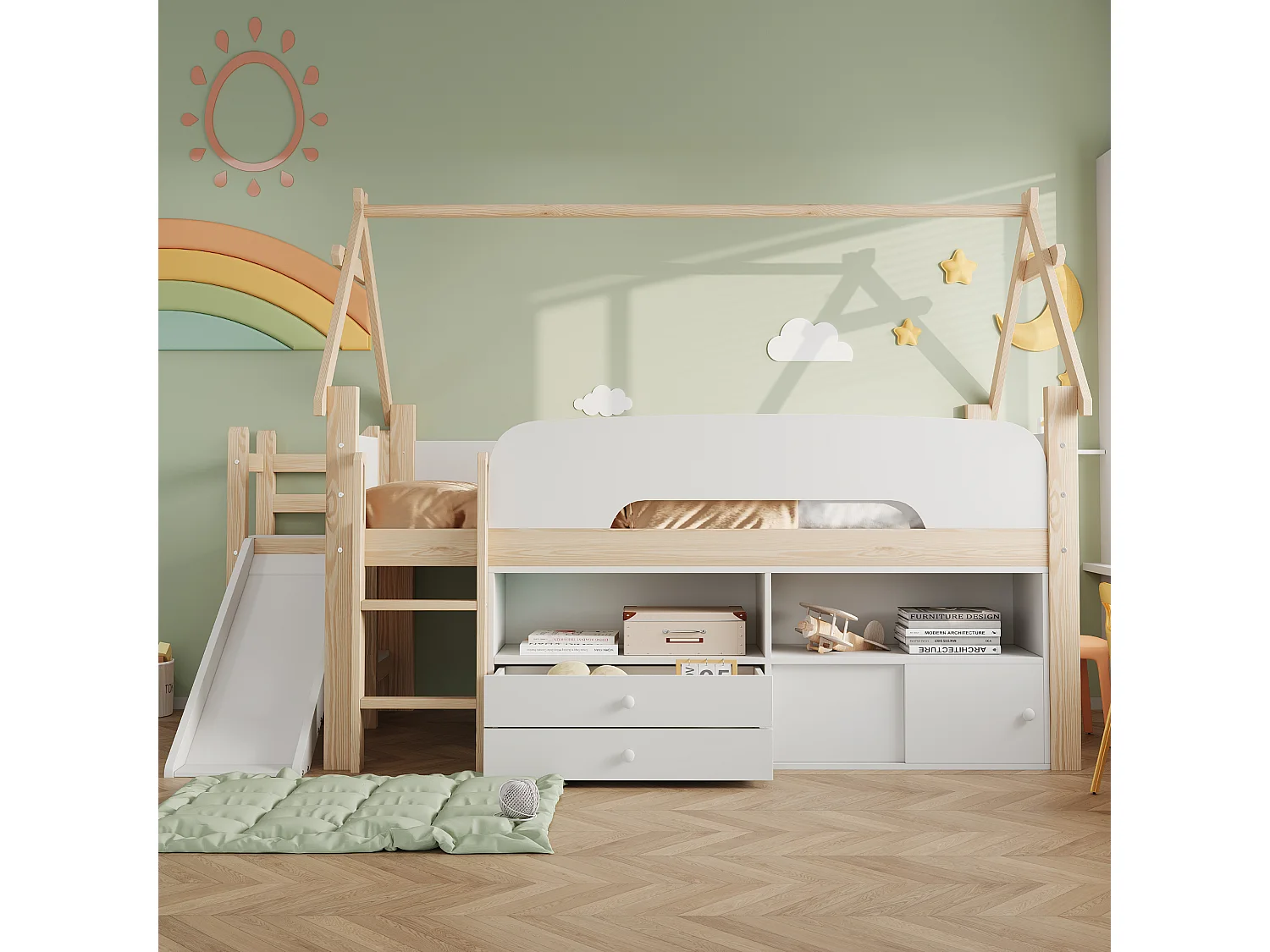 Lit enfant 90 x 200 - avec toboggan de sécurité - avec 2 tiroirs - avec barrières de sécurité - blanc+naturel (matelas non inclus)