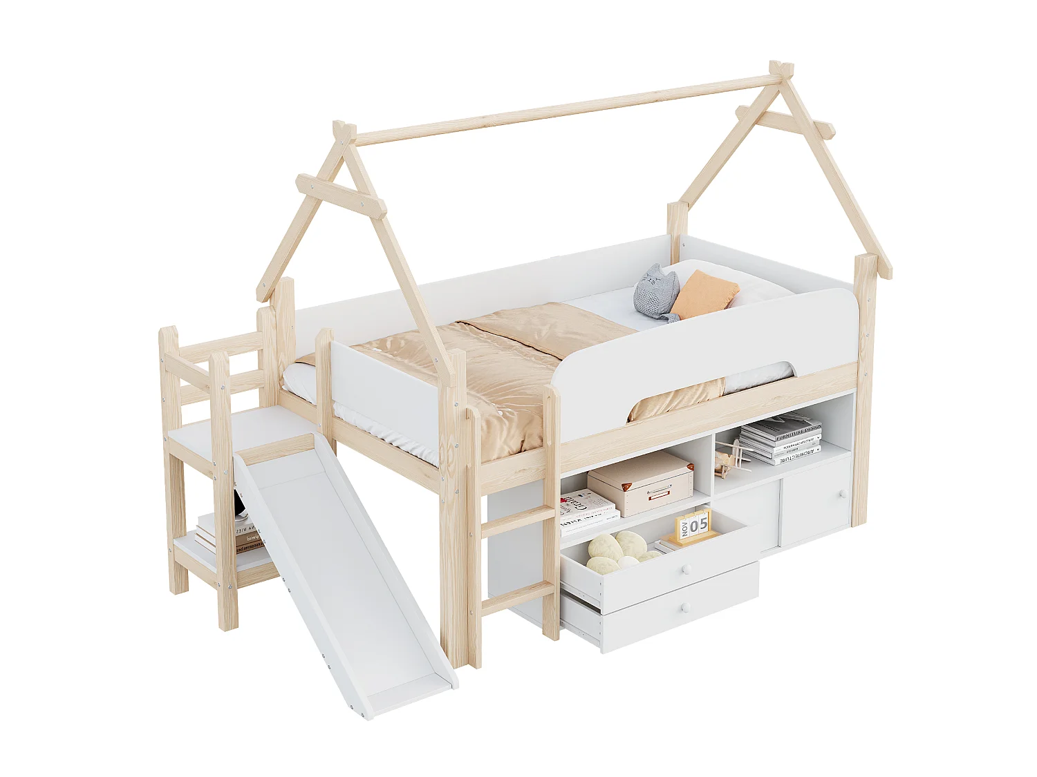 Lit enfant 90 x 200 - avec toboggan de sécurité - avec 2 tiroirs - avec barrières de sécurité - blanc+naturel (matelas non inclus)