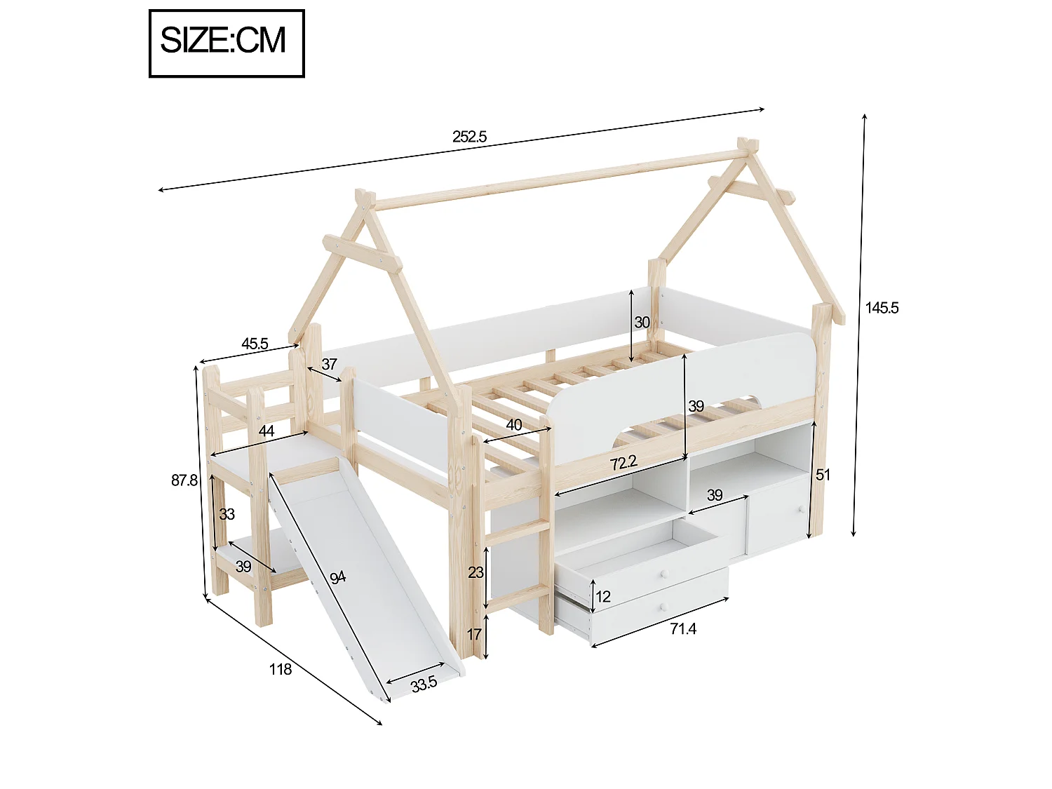 Lit enfant 90 x 200 - avec toboggan de sécurité - avec 2 tiroirs - avec barrières de sécurité - blanc+naturel (matelas non inclus)