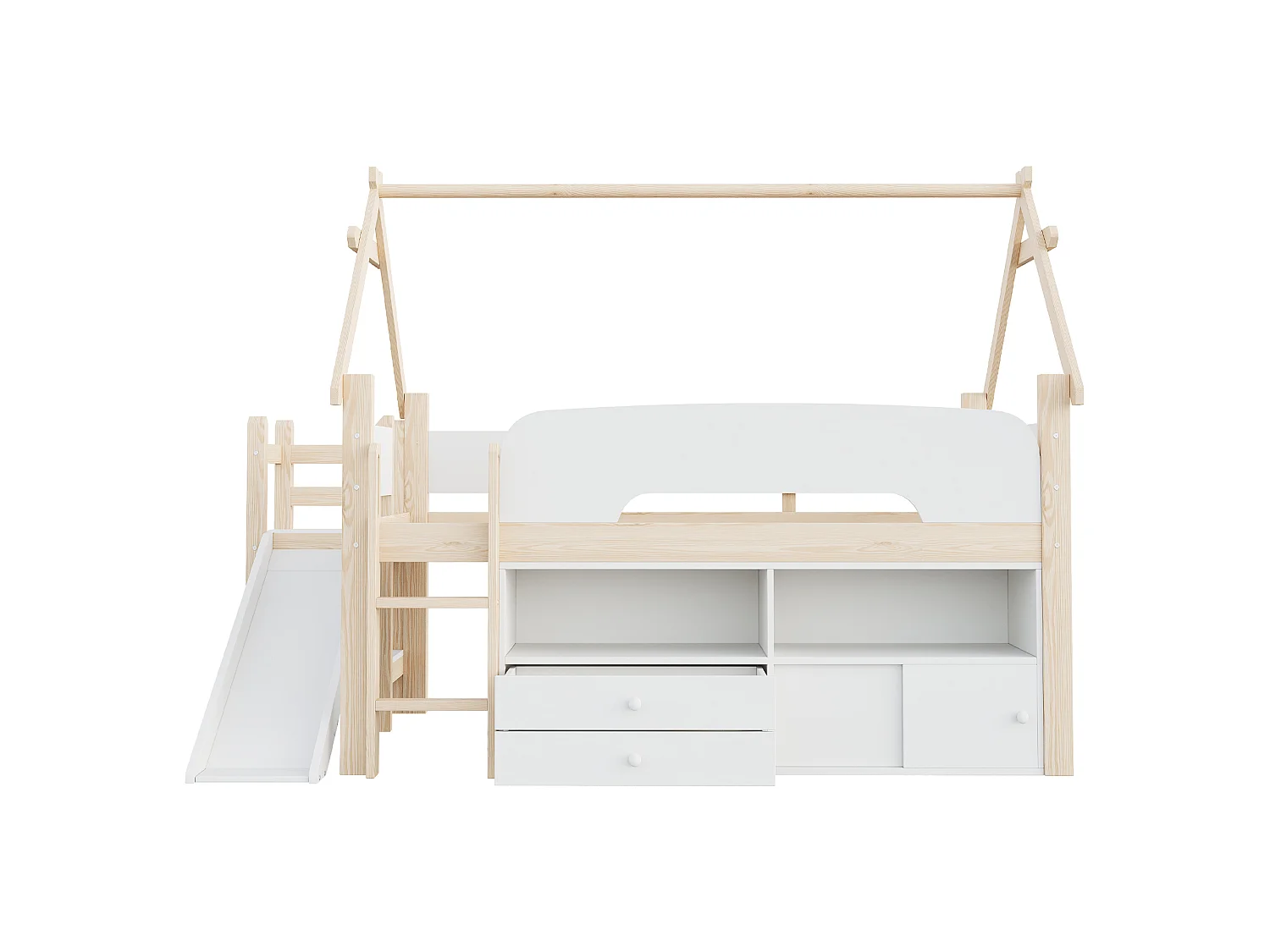 Lit enfant 90 x 200 - avec toboggan de sécurité - avec 2 tiroirs - avec barrières de sécurité - blanc+naturel (matelas non inclus)