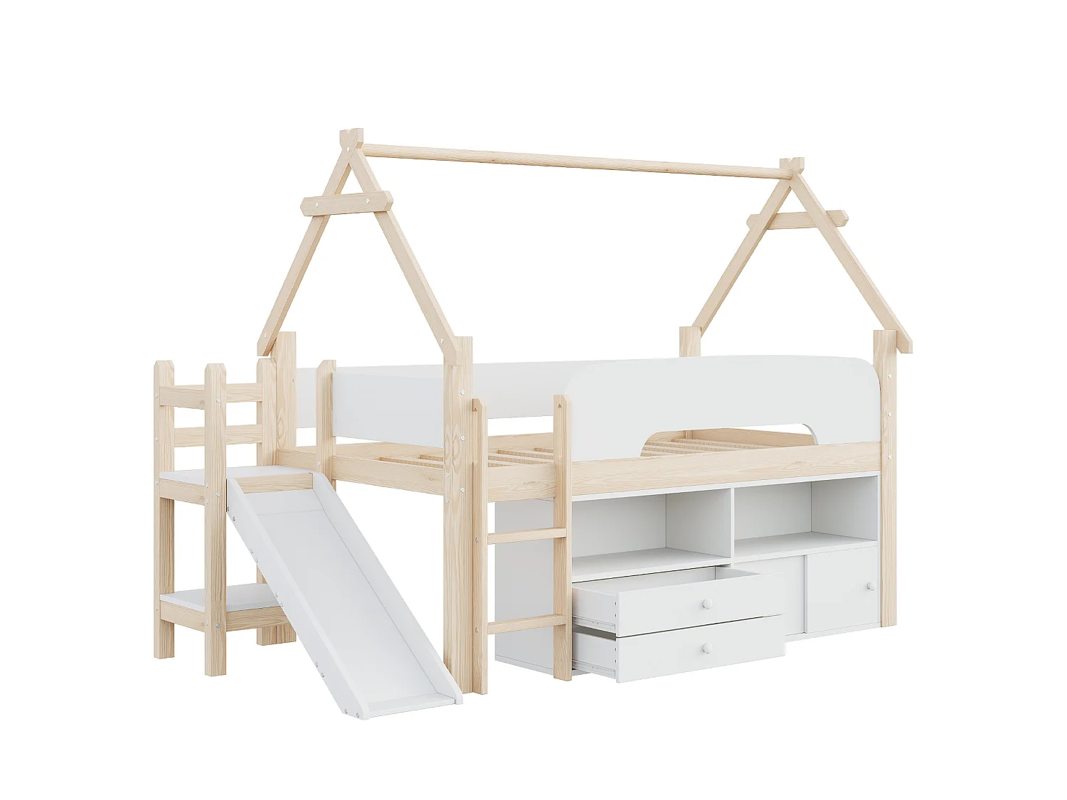Lit enfant 90 x 200 - avec toboggan de sécurité - avec 2 tiroirs - avec barrières de sécurité - blanc+naturel (matelas non inclus)