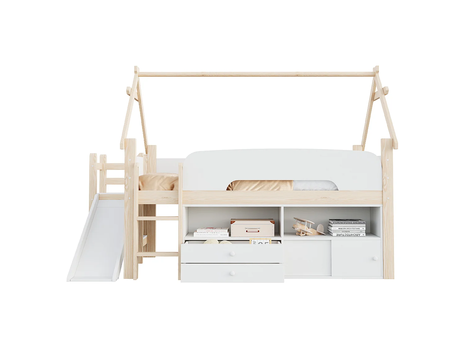 Lit enfant 90 x 200 - avec toboggan de sécurité - avec 2 tiroirs - avec barrières de sécurité - blanc+naturel (matelas non inclus)