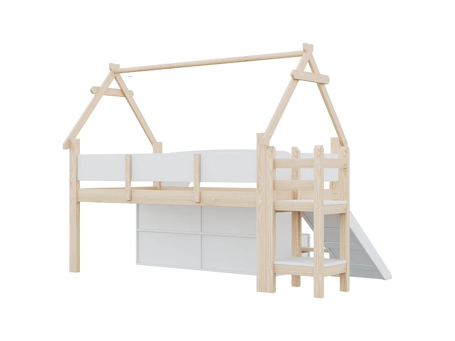 Lit enfant 90 x 200 - avec toboggan de sécurité - avec 2 tiroirs - avec barrières de sécurité - blanc+naturel (matelas non inclus)