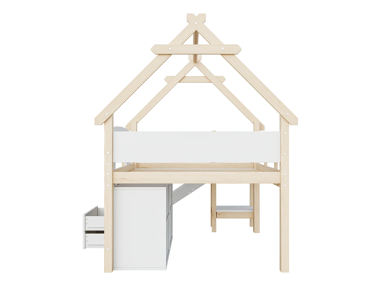 Lit enfant 90 x 200 - avec toboggan de sécurité - avec 2 tiroirs - avec barrières de sécurité - blanc+naturel (matelas non inclus)