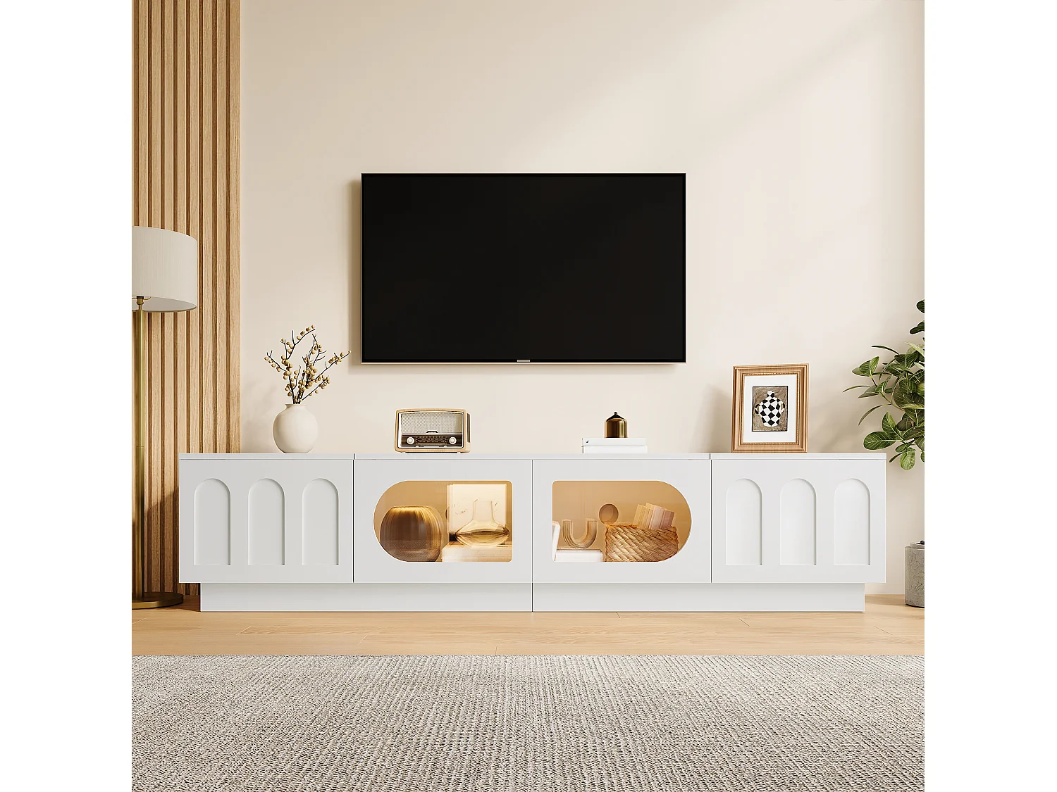 Meuble TV moderne 200 x 40 x 42 cm - 4 portes - Éclairage LED contrôlé par application - Portes vitrées - MDF - Blanc