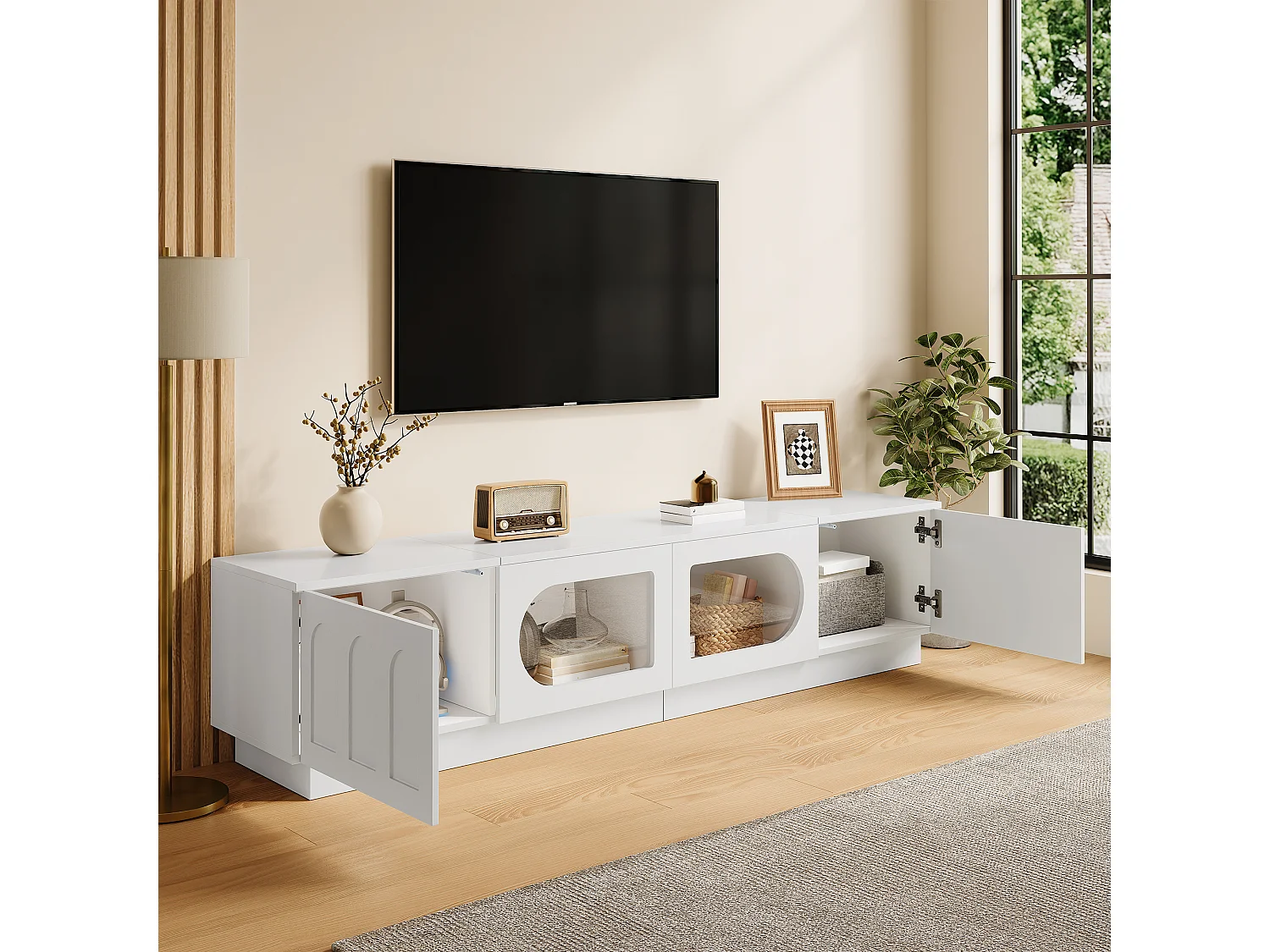 Meuble TV moderne 200 x 40 x 42 cm - 4 portes - Éclairage LED contrôlé par application - Portes vitrées - MDF - Blanc