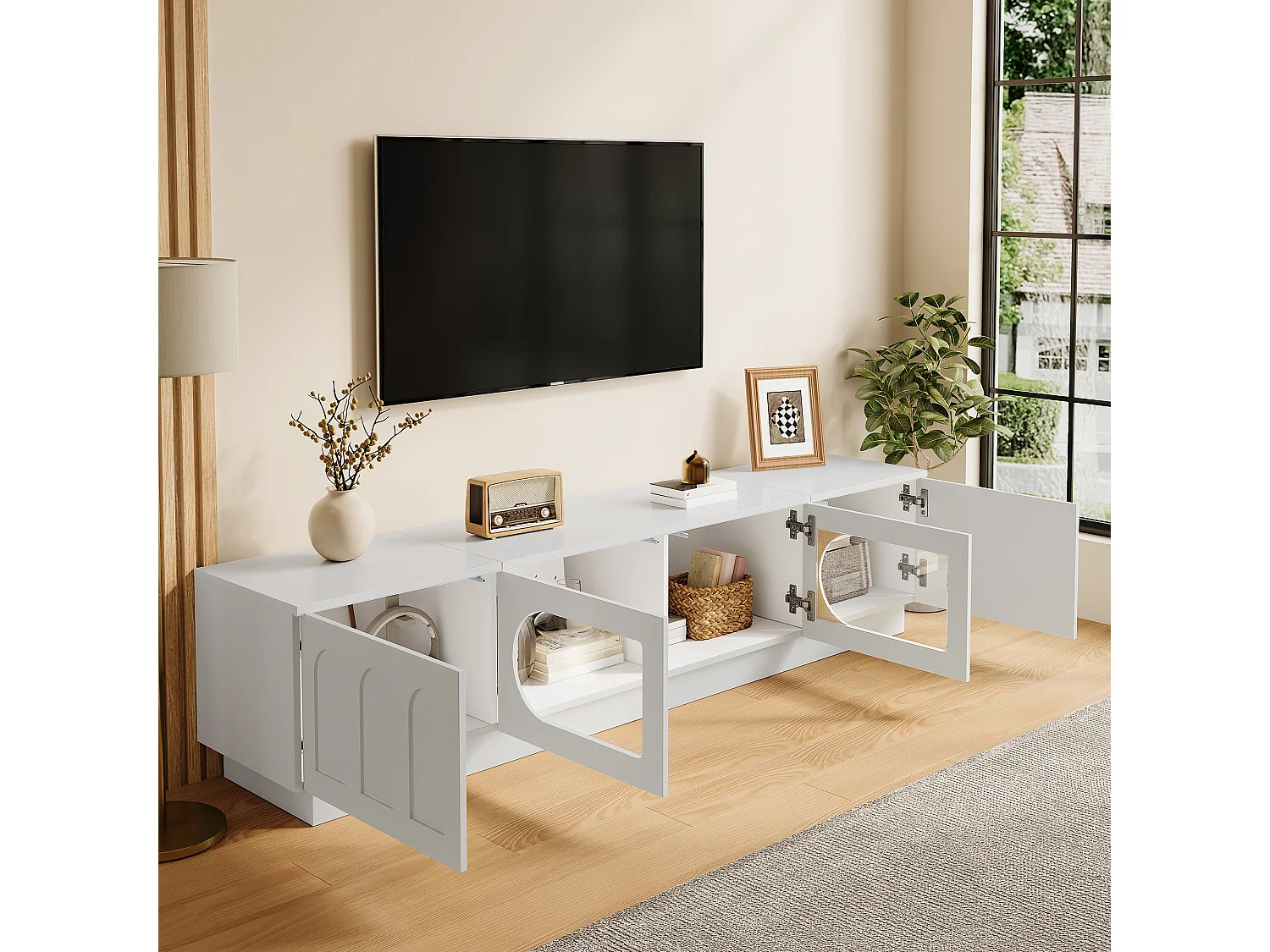 Meuble TV moderne 200 x 40 x 42 cm - 4 portes - Éclairage LED contrôlé par application - Portes vitrées - MDF - Blanc