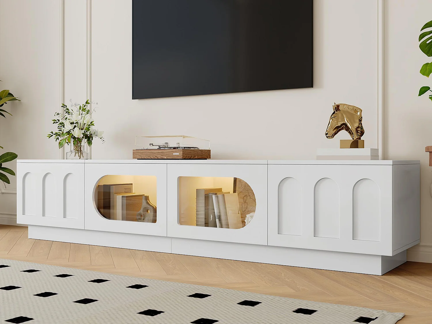 Meuble TV moderne 200 x 40 x 42 cm - 4 portes - Éclairage LED contrôlé par application - Portes vitrées - MDF - Blanc