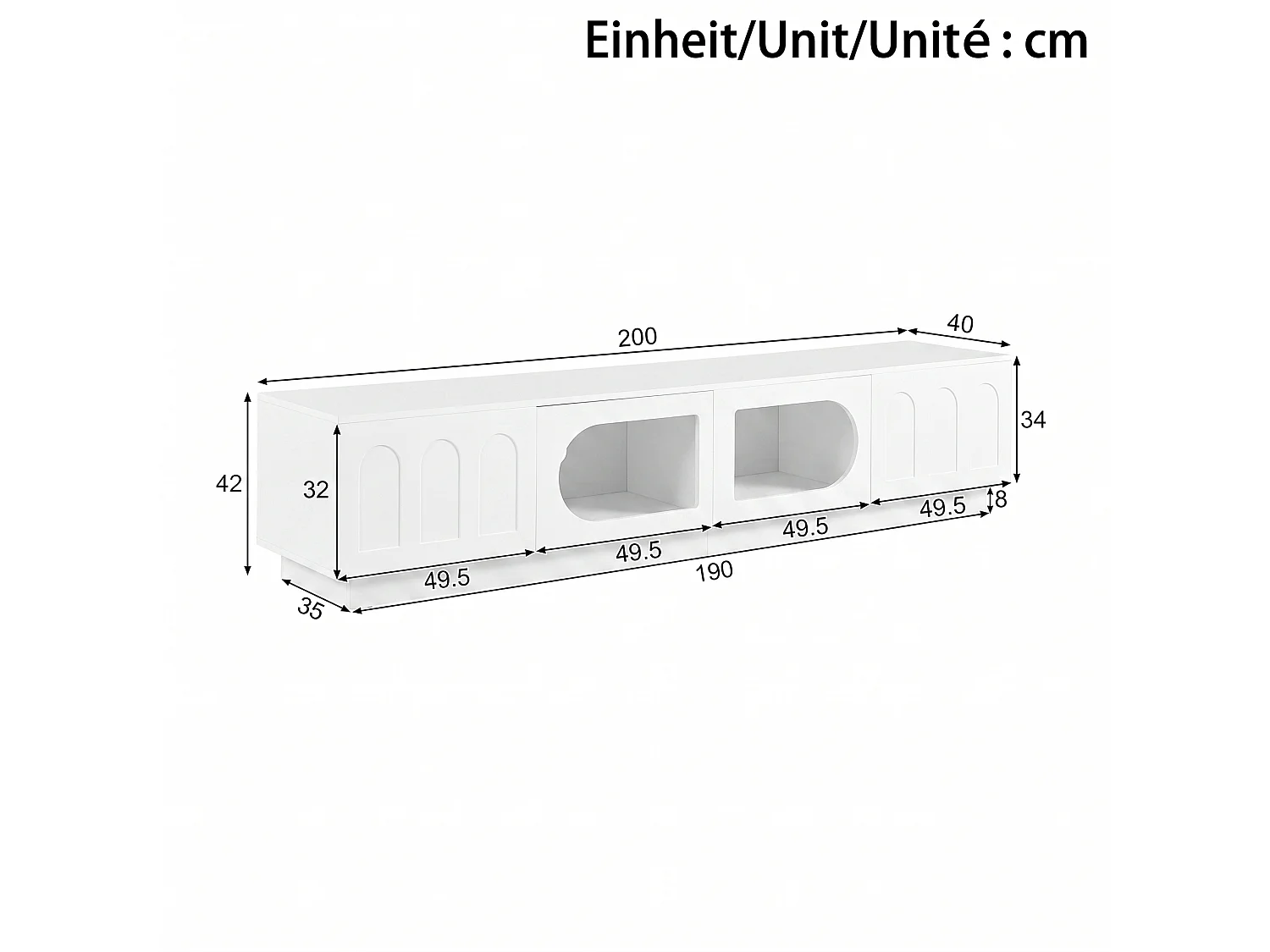 Meuble TV moderne 200 x 40 x 42 cm - 4 portes - Éclairage LED contrôlé par application - Portes vitrées - MDF - Blanc