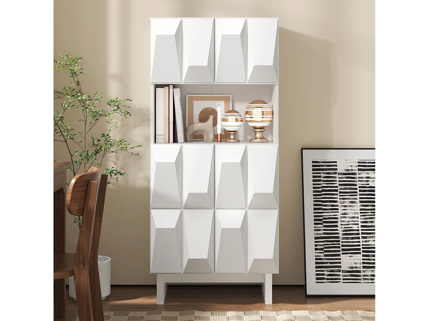 Vitrine, buffet 60.5x34x135.5cm - Avec 4 portes à décor en relief et étagères ouvertes - Panneaux de particules - Blanc