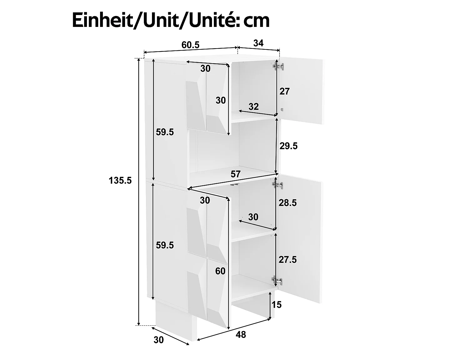 Vitrine, buffet 60.5x34x135.5cm - Avec 4 portes à décor en relief et étagères ouvertes - Panneaux de particules - Blanc